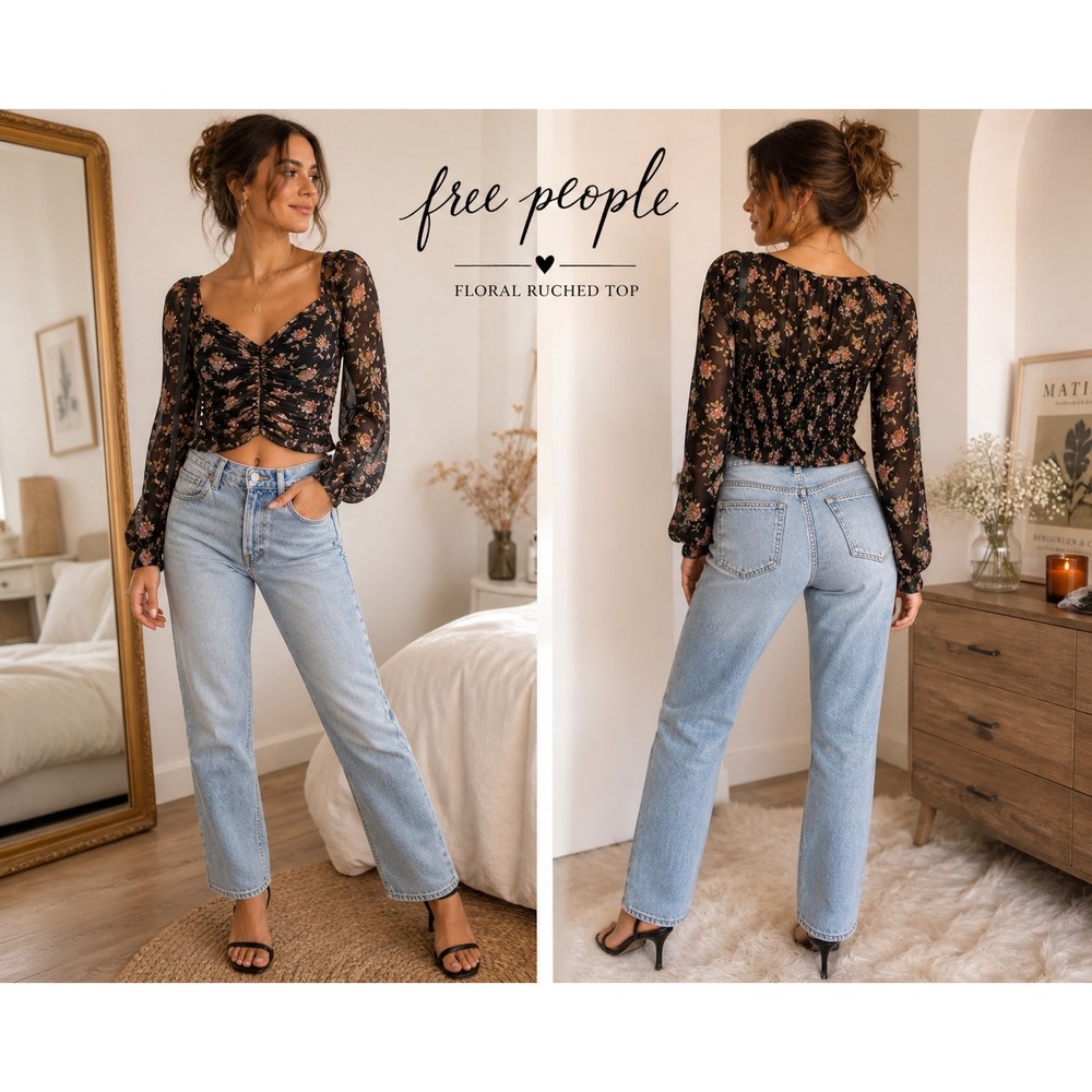 Free People Boho Floral Ruched Top Black Pink Smocked Crop Blouse Long Sleeve XS